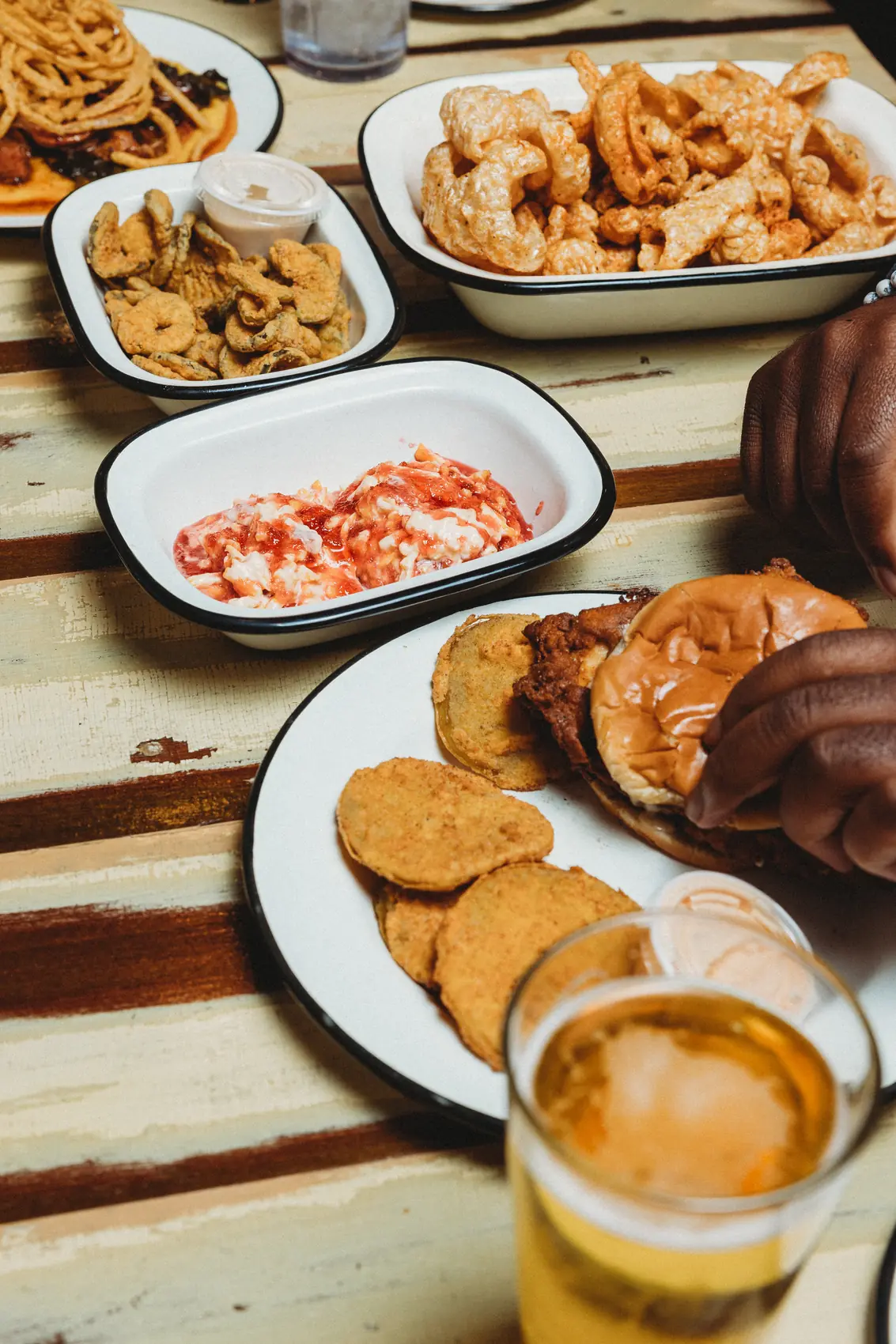 Appetizer spread with fried pickles and pimento cheese