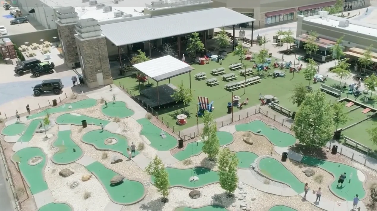 Aerial view of the outdoor patio and mini-golf at SAW's BBQ Leeds, The Backyard