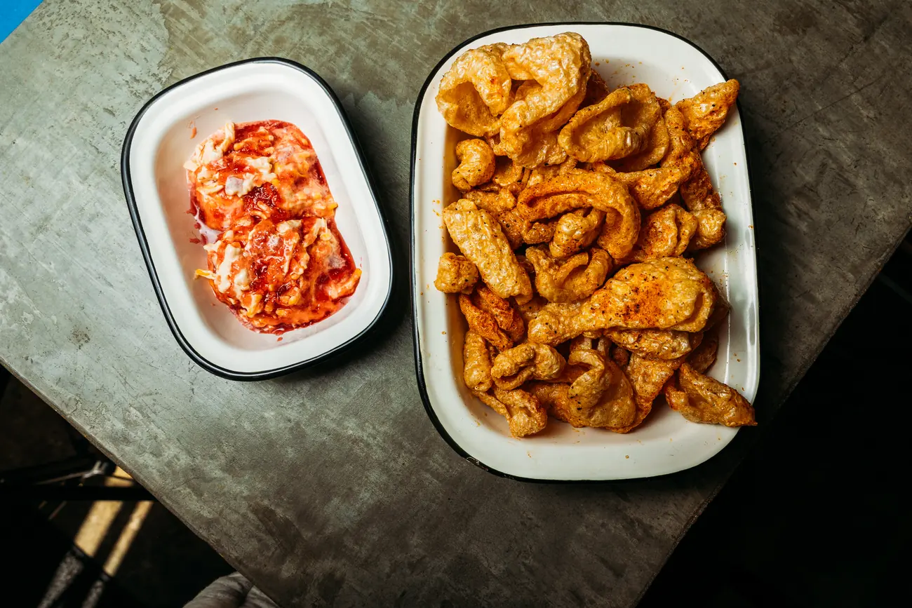 Pork rinds with pimento cheese and pepper jelly